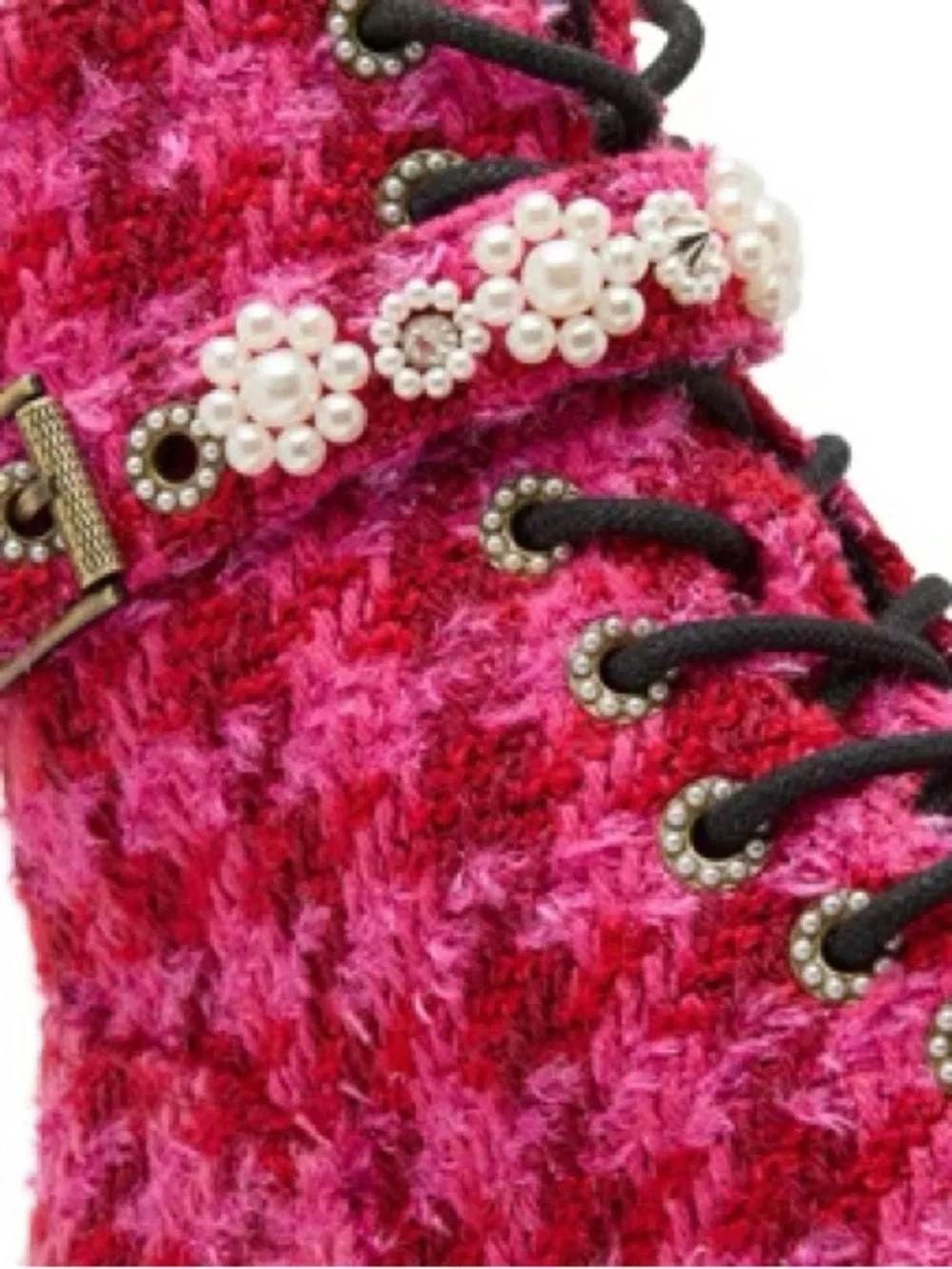 Kids Pink Faux-Fur Lace-Up Combat Boot with Pearl Strap